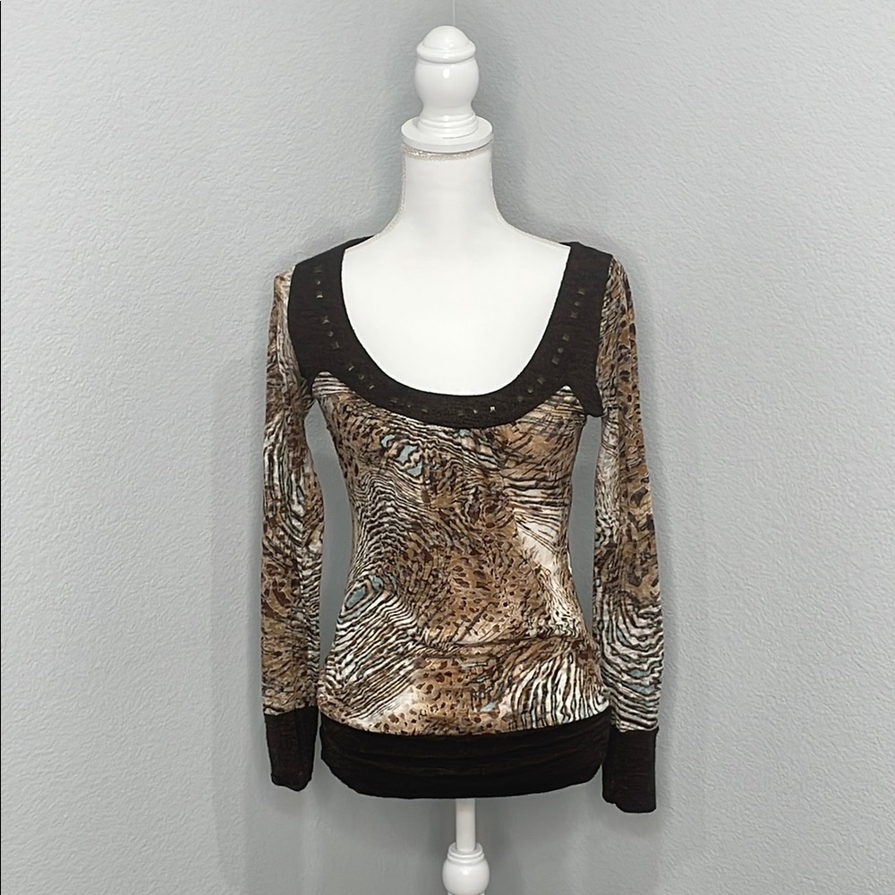 Brown and Cream Embellished Fitted Long Sleeve Blouse